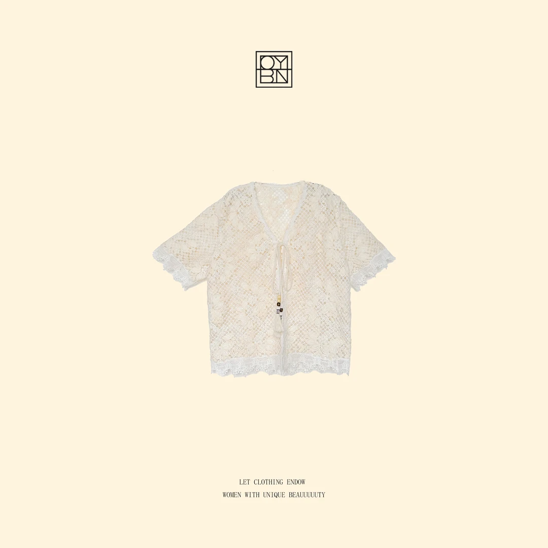 OYBN【花花世界】微胖大码法式蕾丝钩花开衫V领短袖衬衫 1850
