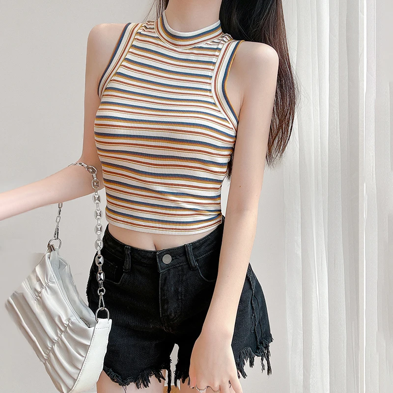 圆领条纹冰丝针织无袖上衣女2025夏装新款百搭短款高腰背心打底衫
