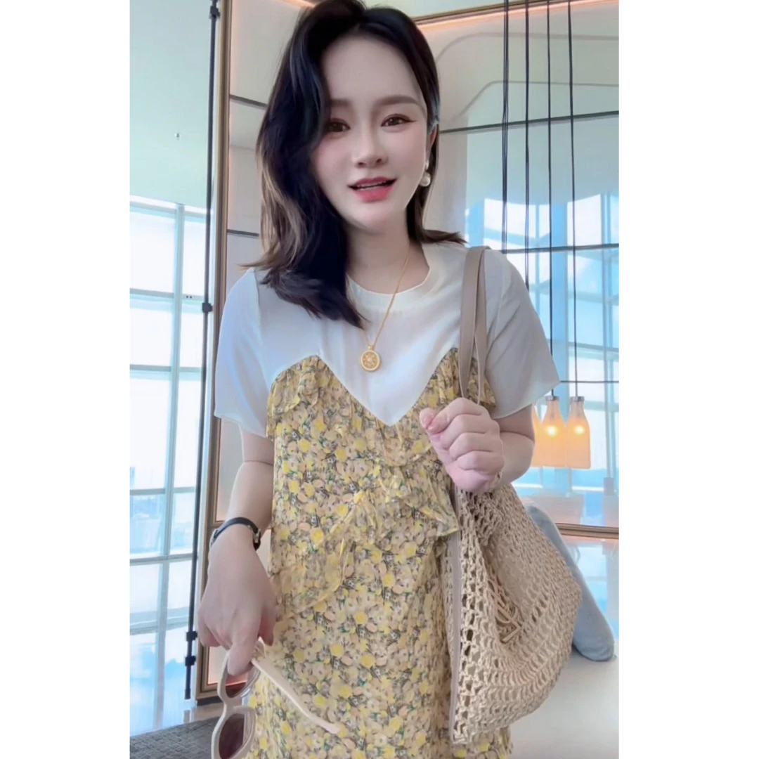 【丝芙玉禄】(S299)100真丝印花假两件显瘦时尚桑蚕丝女装连衣裙