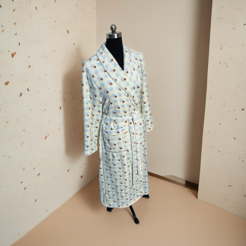 【浅蓝爱心格子】情侣睡袍秋冬保暖双面法兰绒柔软舒适中长款浴袍