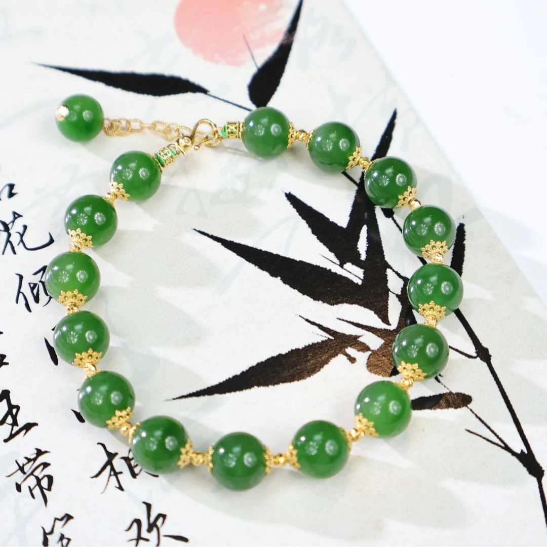 【一源珠宝】满天星·天然和田玉碧玉18k金阳绿手链 设计款 8mm
