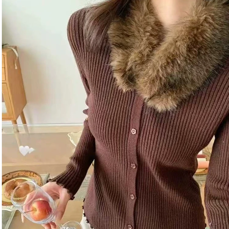 2025新品毛毛领针织打底衫女内搭毛衣开衫贴身亲肤修身上衣