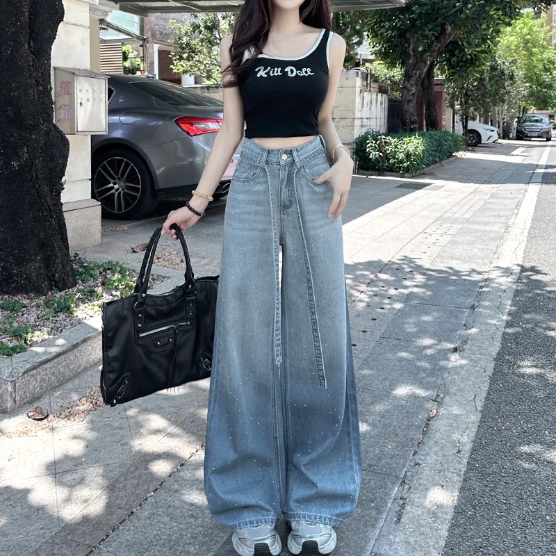 渐变色满天星烫钻阔腿牛仔裤女夏季薄款2025年辣妹宽松拖地直筒裤