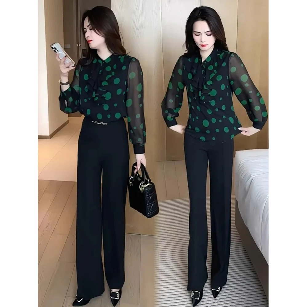 时尚套装女2025春季新款洋气减龄雪纺波点衬衫显瘦阔腿裤两件套潮
