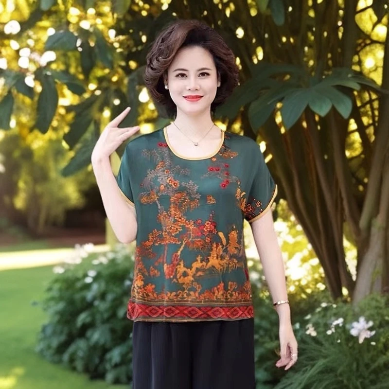 金边圆领发财树时尚休闲大码洋气拼接文艺小衫上衣2025新设计正品