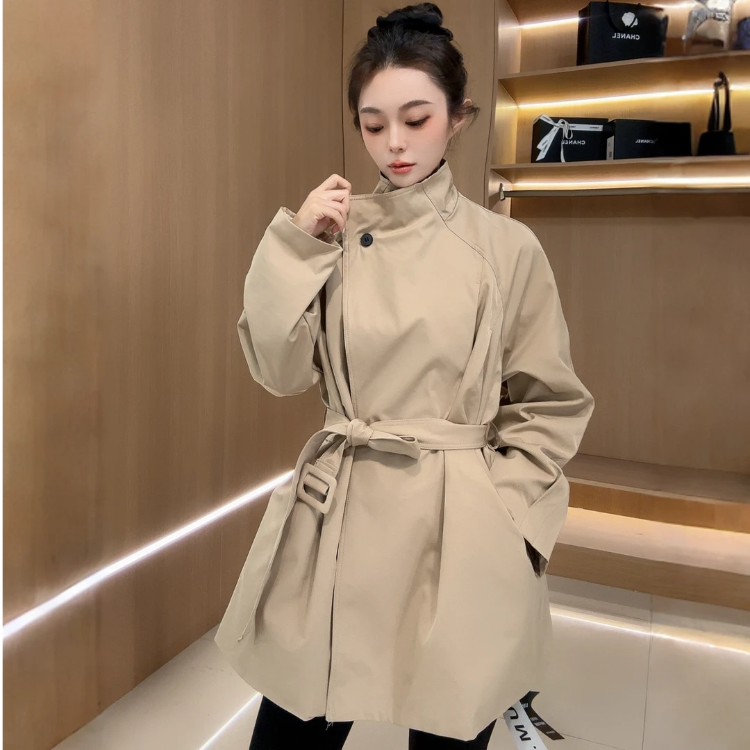 韩版东大门同款一粒扣设计腰带立领气质中长款风衣1091