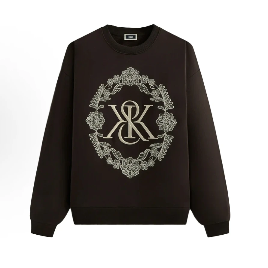 KITH FW24 Floral Lace Nelson 品牌logo时尚圆领刺绣 卫衣深褐色