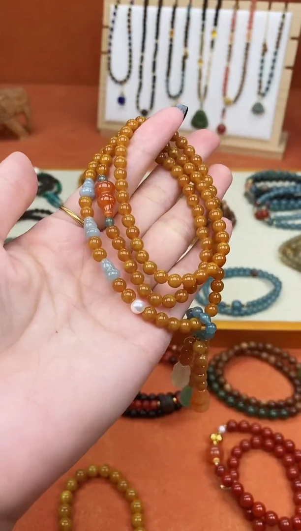 手链蜜蜡未镶嵌多圈蜜蜡蓝水葫芦手链项链