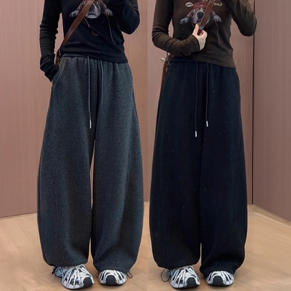 深灰色加绒羊毛呢阔腿裤女2025秋冬季新款休闲加厚慵懒香蕉卫裤子