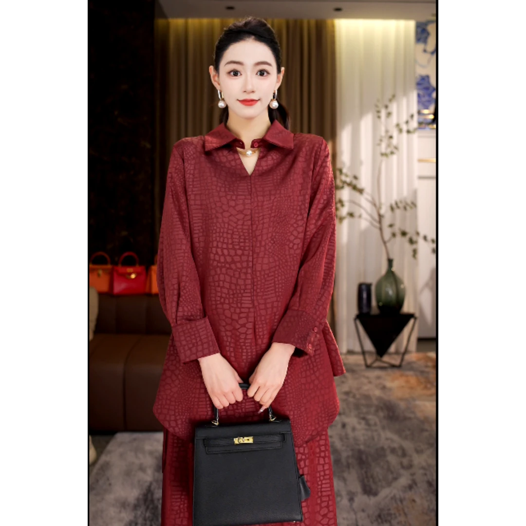 春季新品【红如意】高端纹理感格纹长袖上衣宽松裤子红色套装-5319#