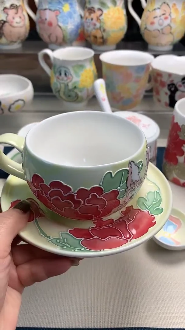 一味*手绘*锦兔衔丹杯