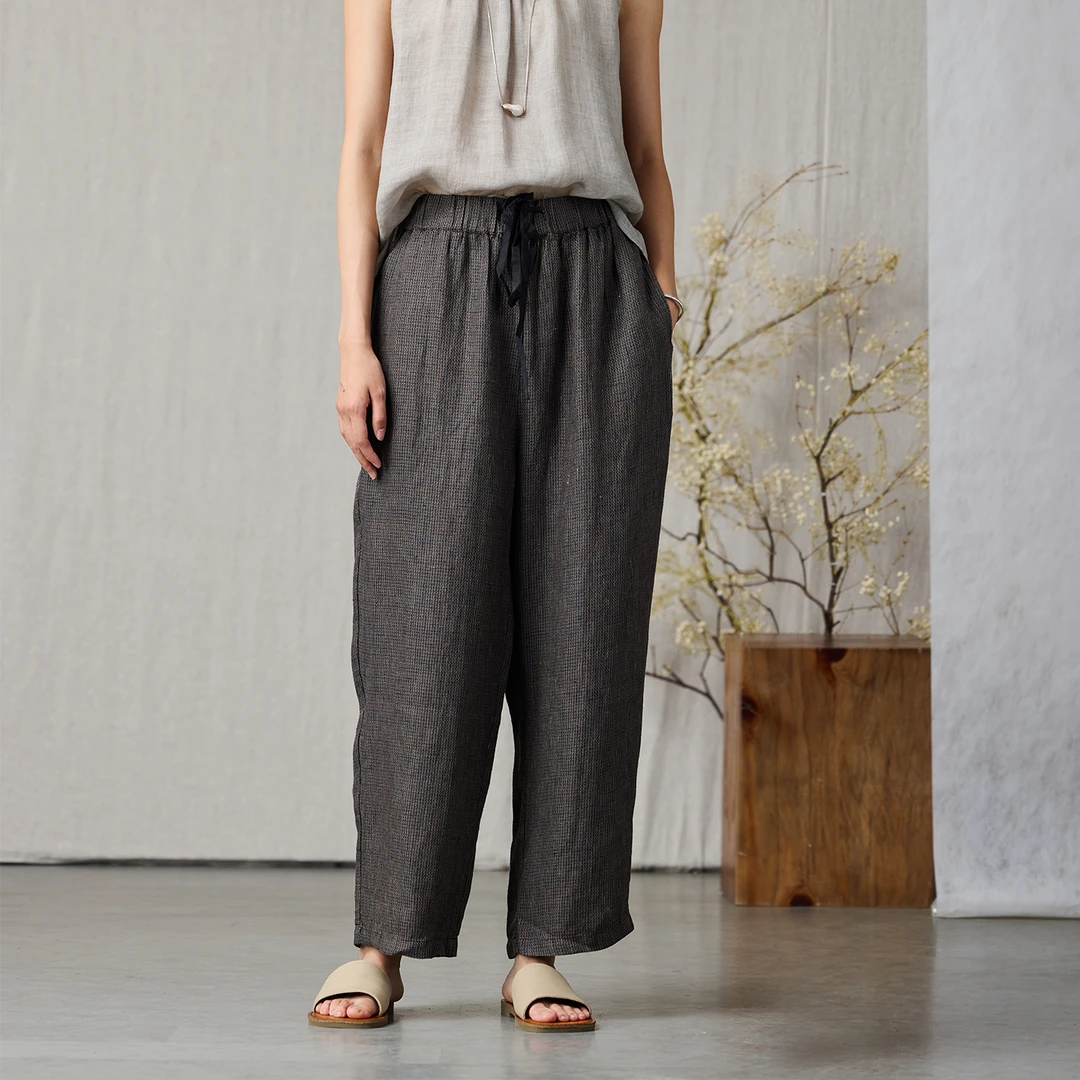 Q.TU亚麻直筒裤女夏薄款松紧腰3237原创舒适透气日常百搭宽松休闲