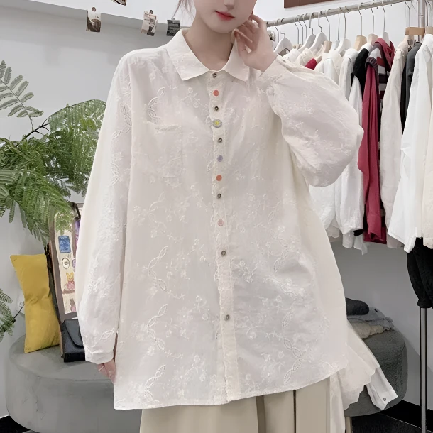 25原创~减龄彩扣!韩系百搭镂空刺绣大版衬衫简约百搭宽松衬衣上衣