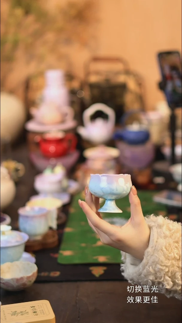 结晶釉紫青高足花苞杯福利款