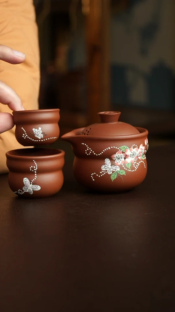 茶杯紫砂50号 海棠花手抓+2主人杯 宜兴紫砂原矿作品