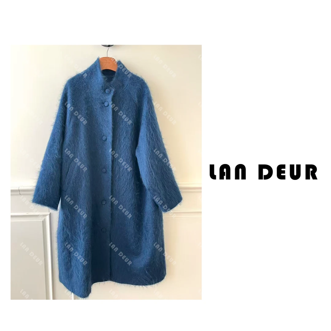 【山山栖柒】绵羊毛+山羊绒韩系氛围感蓝色百搭长毛拉毛款毛呢外套