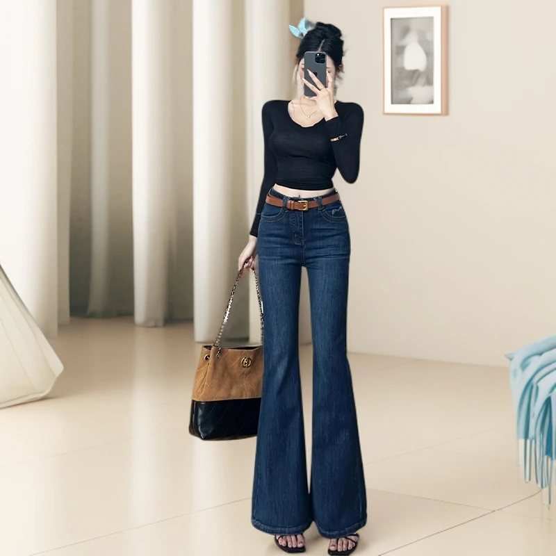 乔栈复古毛边设计口袋修身微喇牛仔裤女2025秋冬加绒新款显瘦喇叭