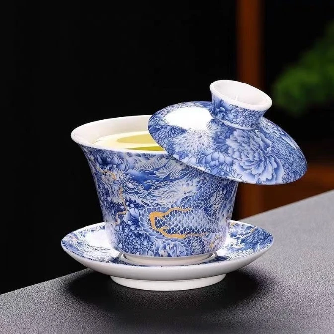 G1992-龙纹青龙悬停三才盖碗陶瓷便携式