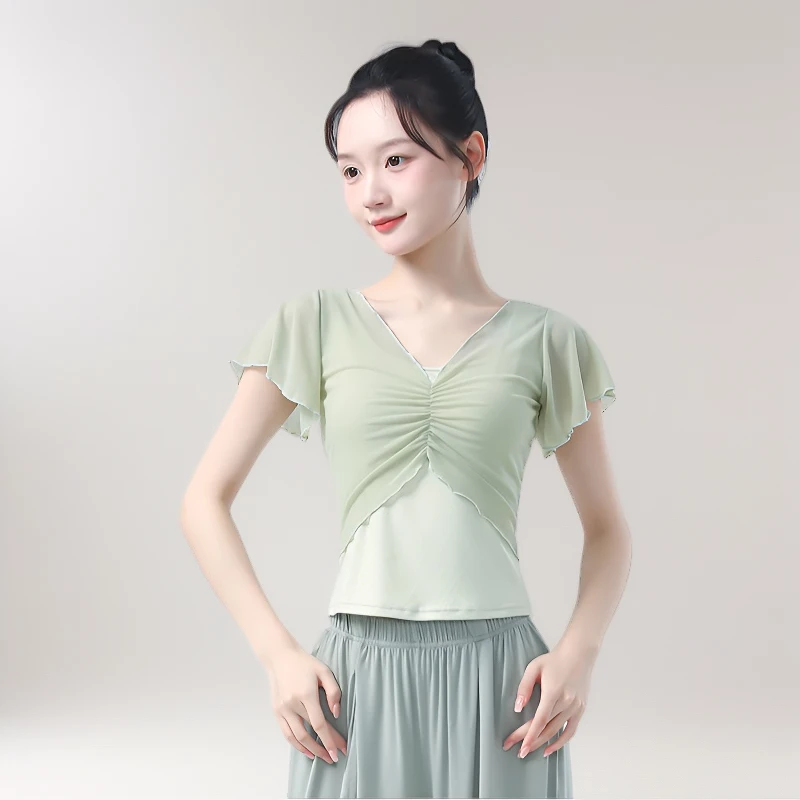 现代舞练功服女夏季短款小飞袖网纱褶皱修身上衣舞蹈形体显瘦舞服