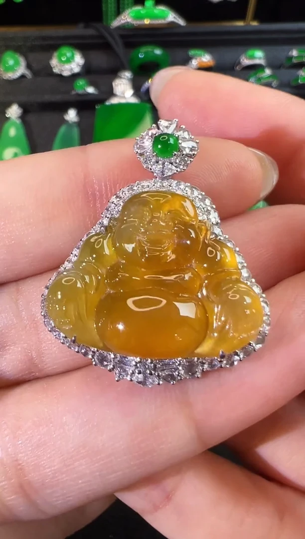 吊坠(不含链)18K金镶嵌翡翠玻璃种黄翡佛公吊坠