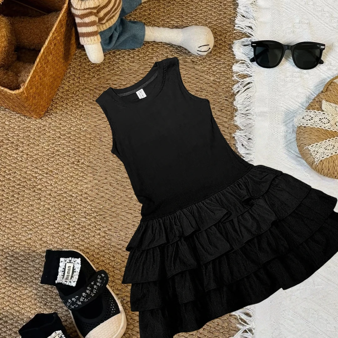 女童无袖黑色公主裙2025夏季新款法式赫本背心连衣裙儿童蛋糕裙子