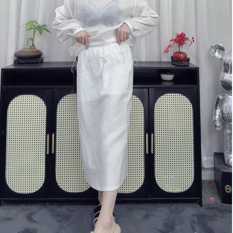 韩系苎麻松紧腰半身裙女夏季薄款中长款过膝开叉包臀裙显瘦裙子
