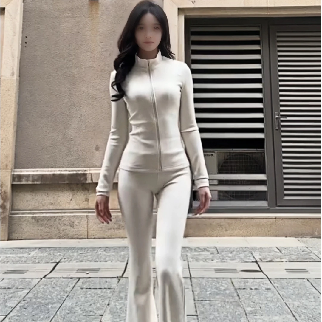 高个子lulu运动服套装女秋新款休闲简约显瘦白色防晒衣长裤两件套