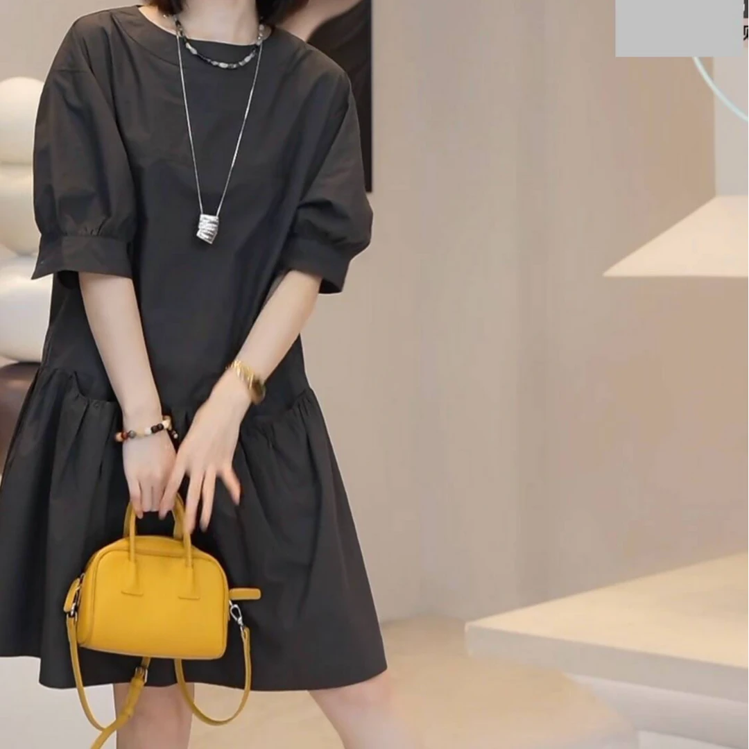 夏季新款时尚设计款圆领短袖衬衫裙显瘦中长款时尚连衣裙