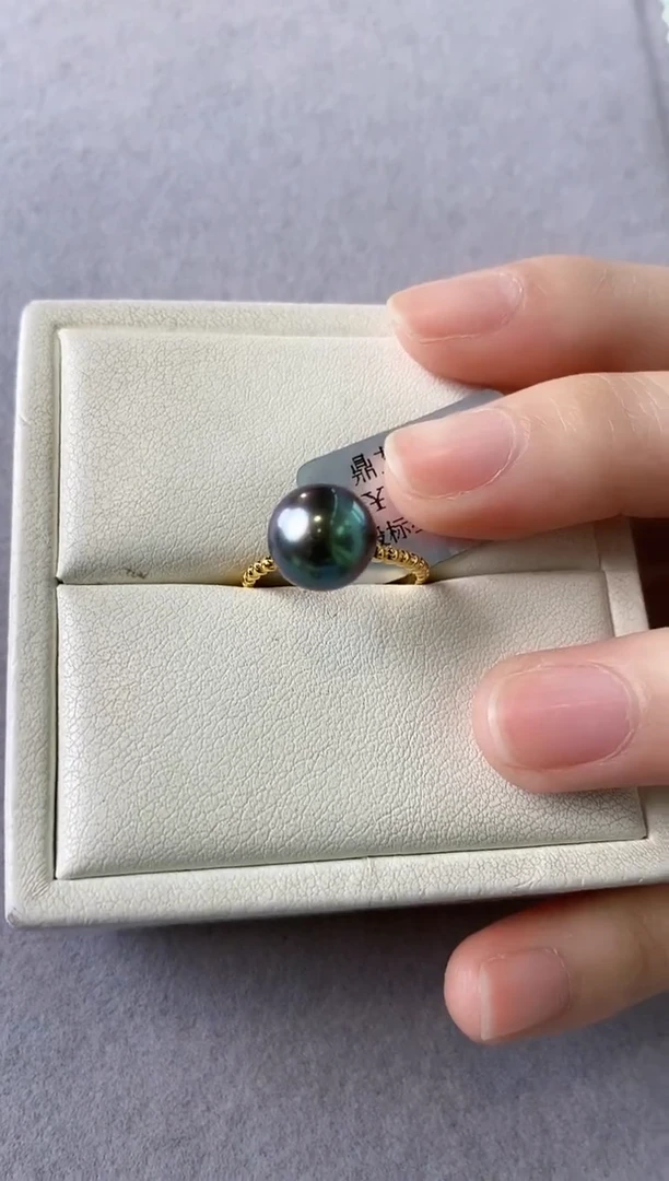 【闪购商品】海水珍珠戒指18K金镶嵌9-10大溪地黑珍珠戒指