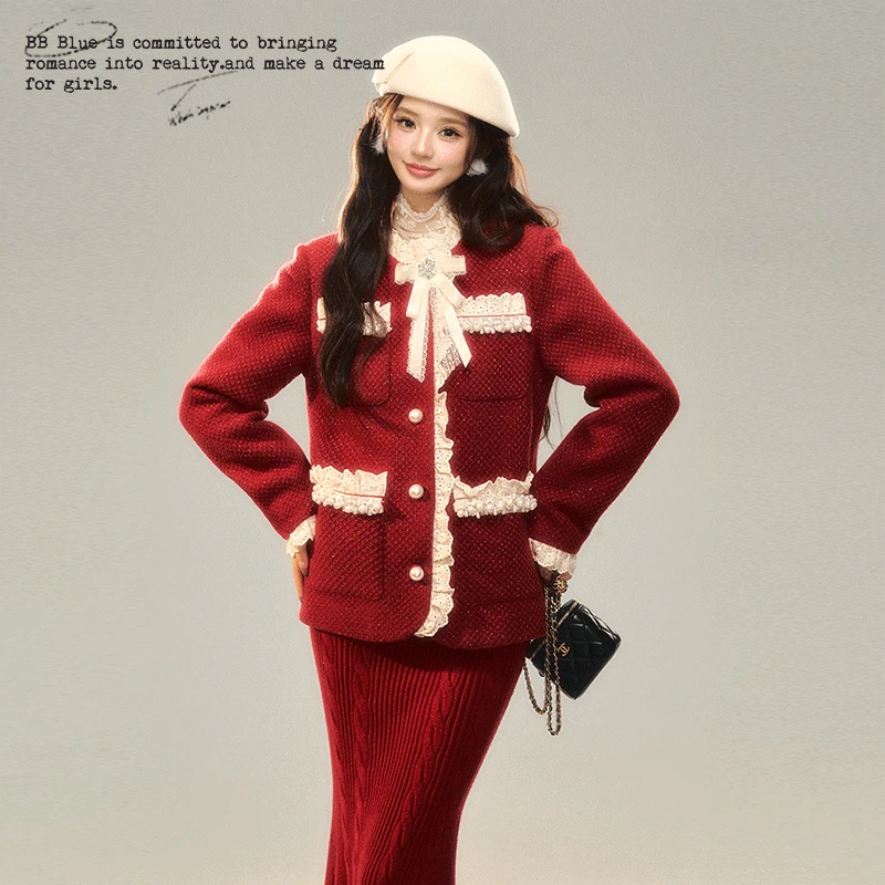 BB BLUE 原创设计 圣诞宫廷风珍珠花边小香风加棉外套