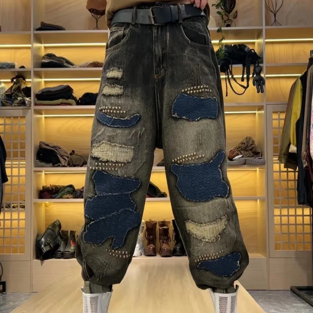 6015春秋季个性时尚设计感欧货重工水洗牛仔哈伦裤