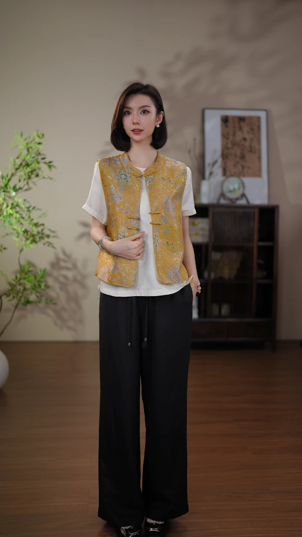 GONG QUE 新中式桑蚕丝宝相花对襟提花织金云锦马甲 242770