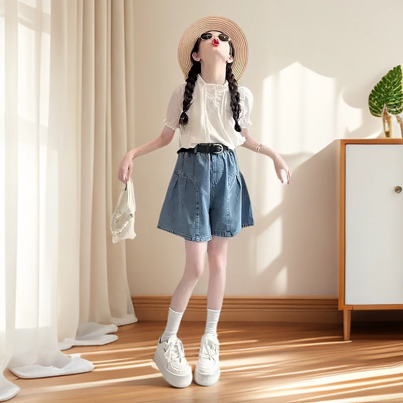 女童夏装套装2025新款儿童洋气娃娃衫上衣中大童牛仔短裙裤两件套