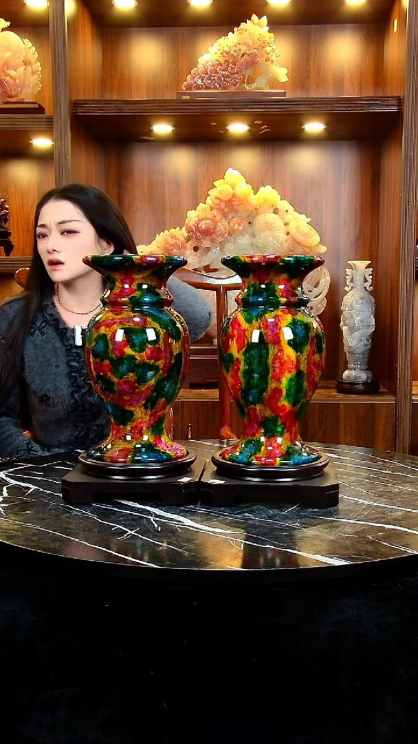 石材周*松家居摆件七彩玉平安瓶一对11111111