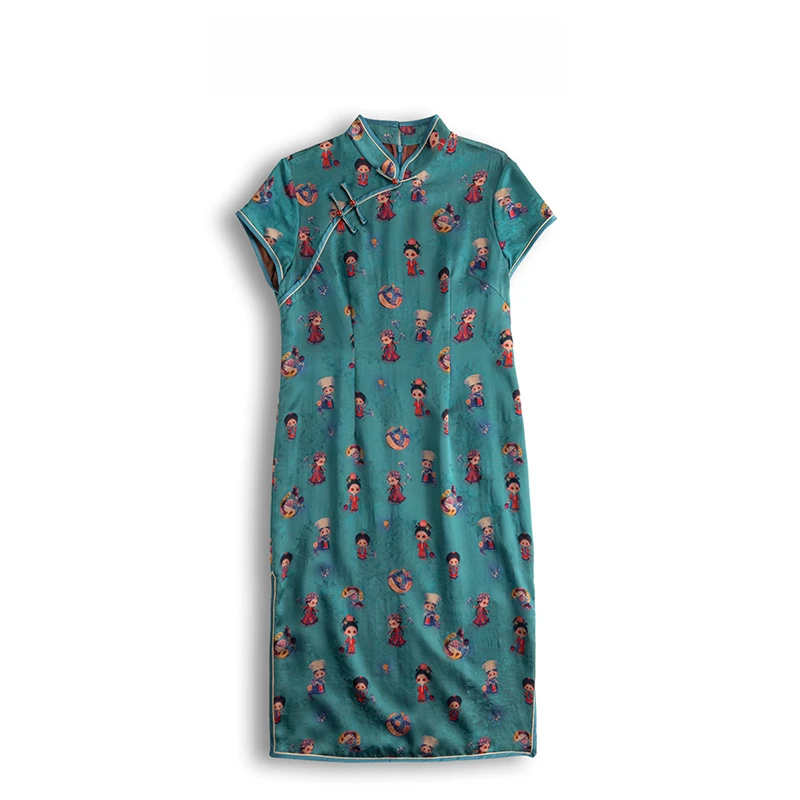 香云纱（景铄）提花花萝时尚简约复古气质旗袍连衣裙-60042