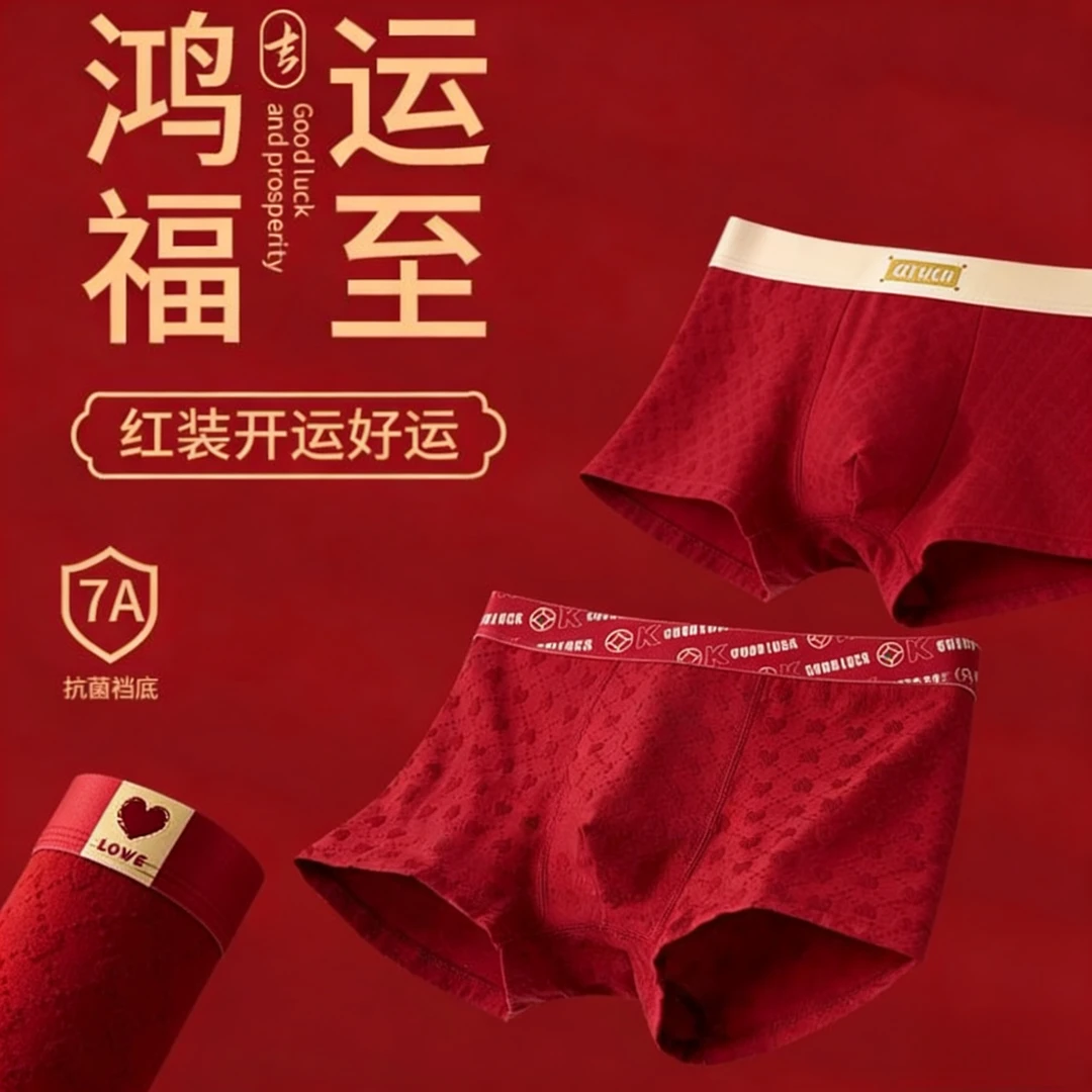 本命年大红男士内裤提花抗菌四角裤结婚喜庆纯棉内裤平角红内裤