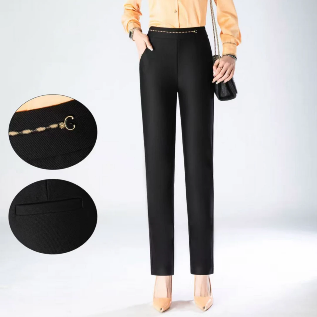 新款修身显瘦高腰气质女士高档时尚黑色直筒小脚休闲裤(QMY6018)