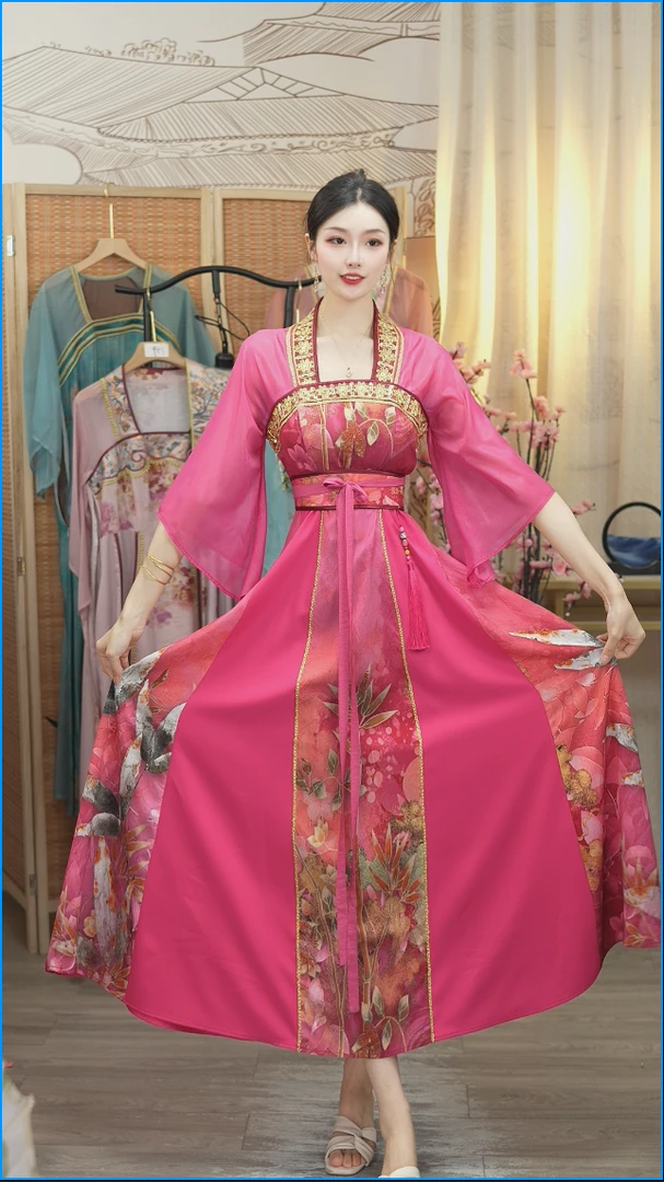 微岚熙2025夏季新款中国风玫红飘逸日常长款连衣裙1586