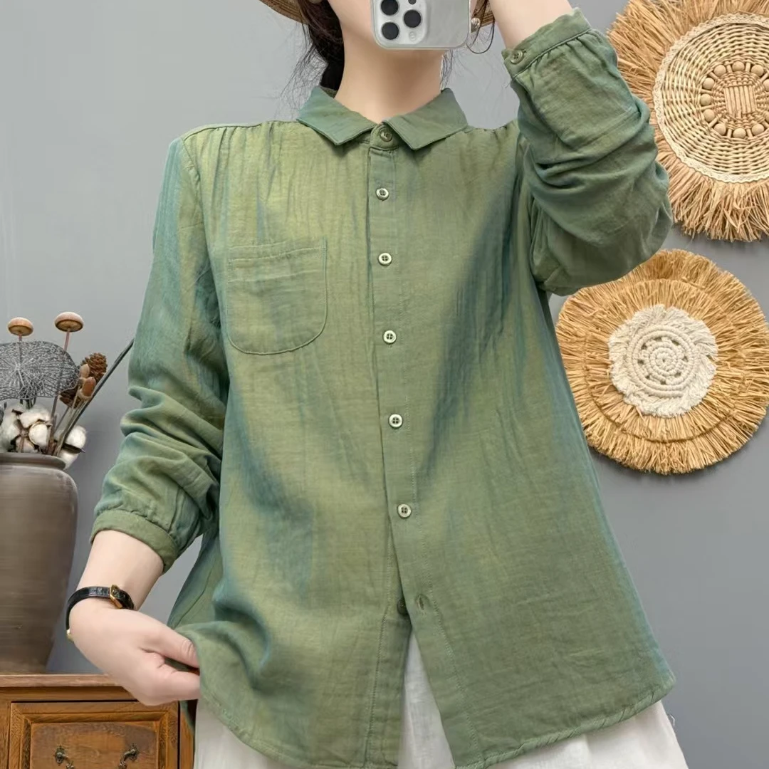 2025春季新款纯棉双层棉纱长袖衬衫女宽松休闲纯色上衣显瘦百搭女