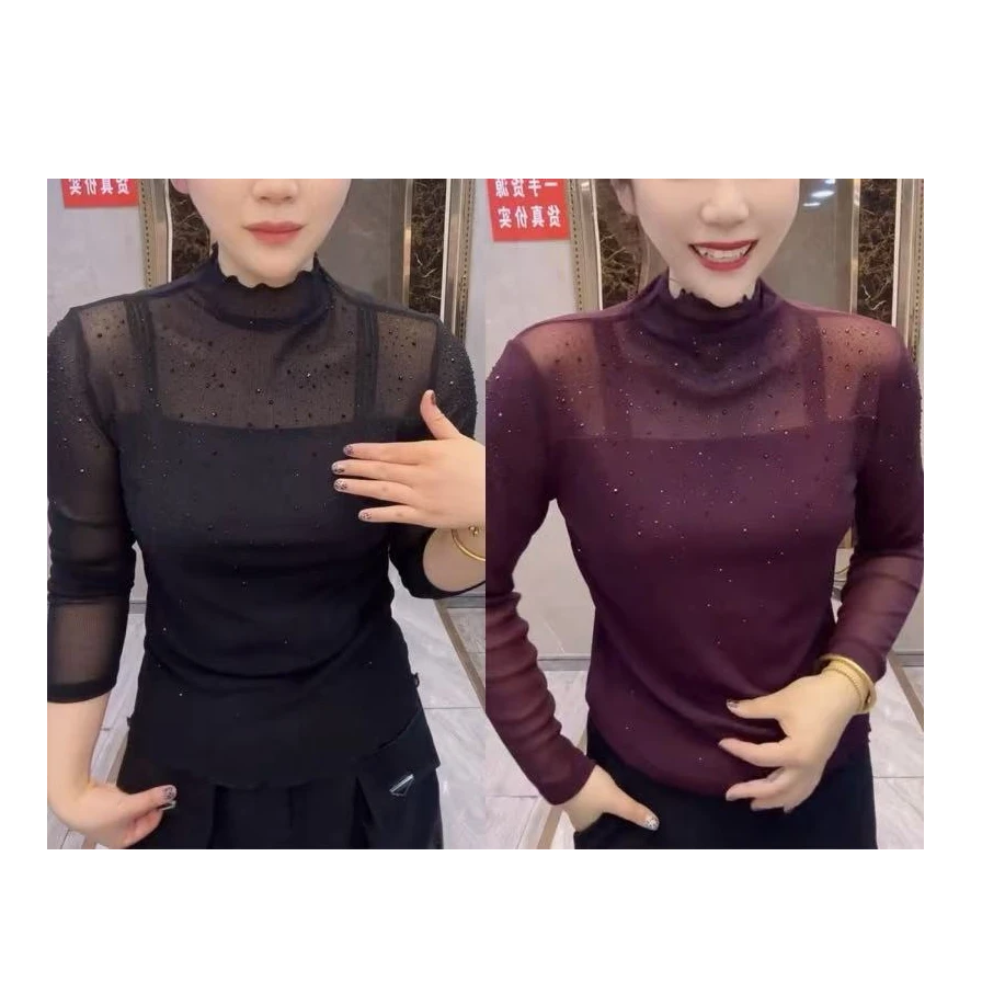 0011满钻半高领修身显瘦时尚洋气潮流网红ins女士百搭长袖T恤