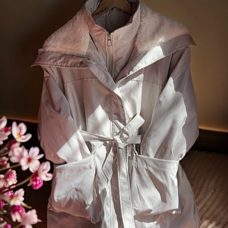 翻领中长款厚款派克服设计师拼接百搭棉服毛领加厚