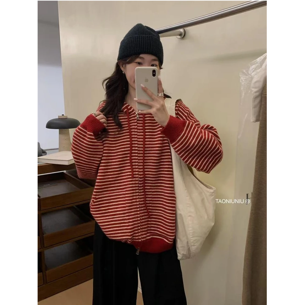 慵懒风松弛感条纹连帽毛衣女韩版宽松休闲百搭显瘦拉链针织衫外套