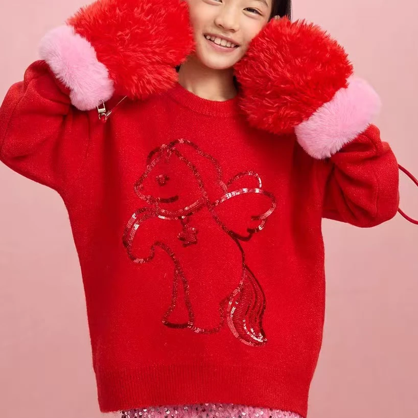 女童红色针织毛衣