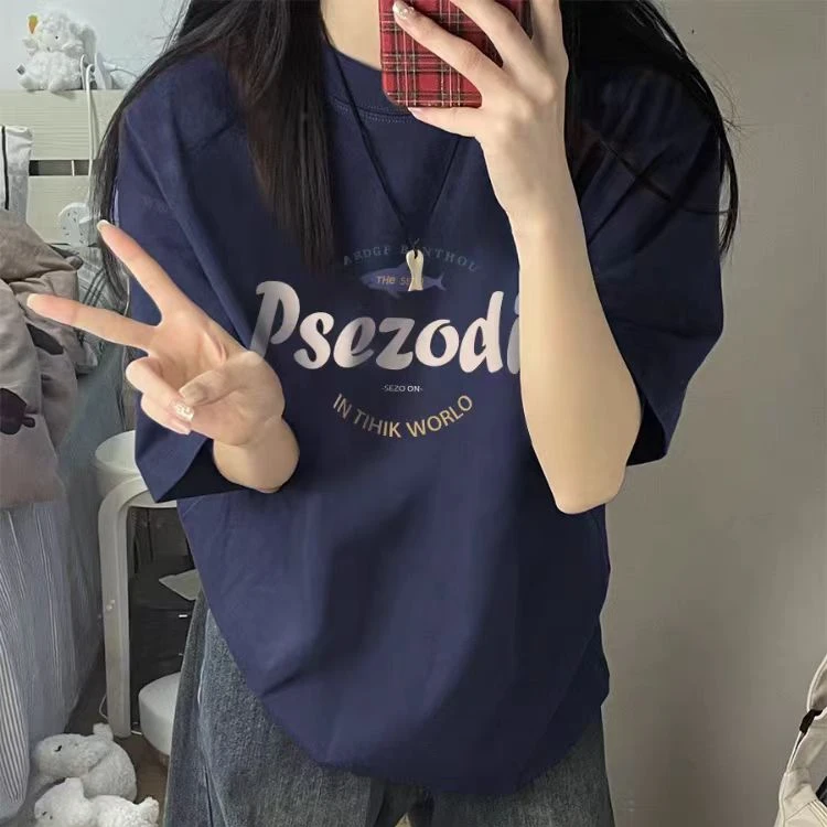 美式复古情侣短袖t恤女2025新款宽松夏季藏蓝色上衣设计感小众ins