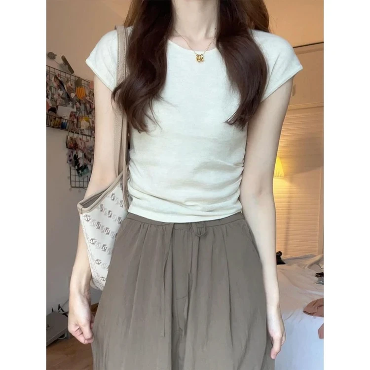 飞飞袖圆领T恤女配牛仔裤上衣白色早开春2025春夏流行白色t恤女