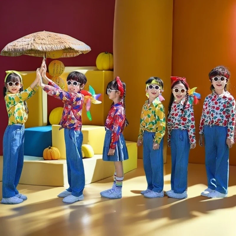 儿童啦啦队演出服幼儿园港风花衬衫复古短袖儿童复古港风走秀服装