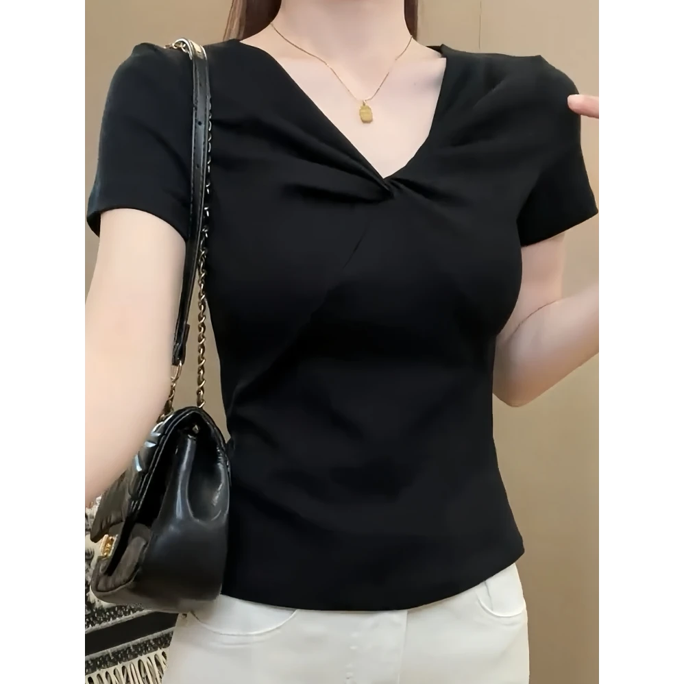 爆款黑色V领正肩显瘦短袖t恤女士纯棉2025夏季新款修身设计感上衣
