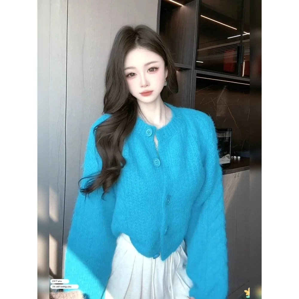 韩系慵懒风宽松奶fufu马海毛湖蓝色日系显瘦毛衣女秋冬内搭可外穿