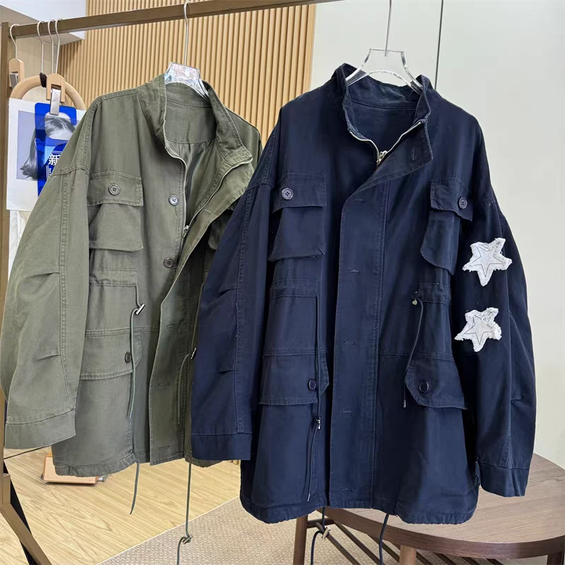 「涵涵家」复古水洗设计感慵懒落肩大口袋宽松休闲工装风衣外套#819