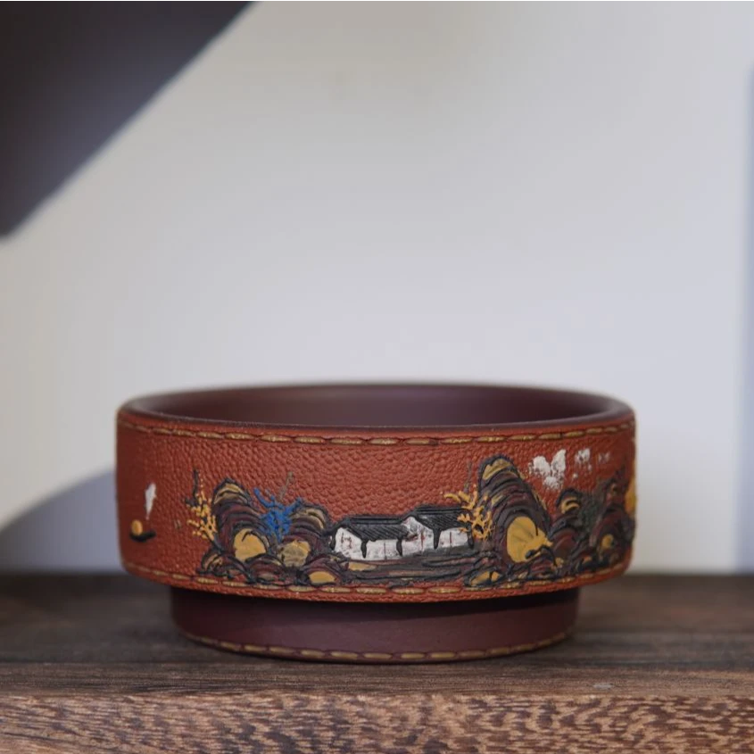 《林栖阁》宜兴紫砂皮革堆绘泥绘大号茶杯紫砂杯山水主人杯约100cc